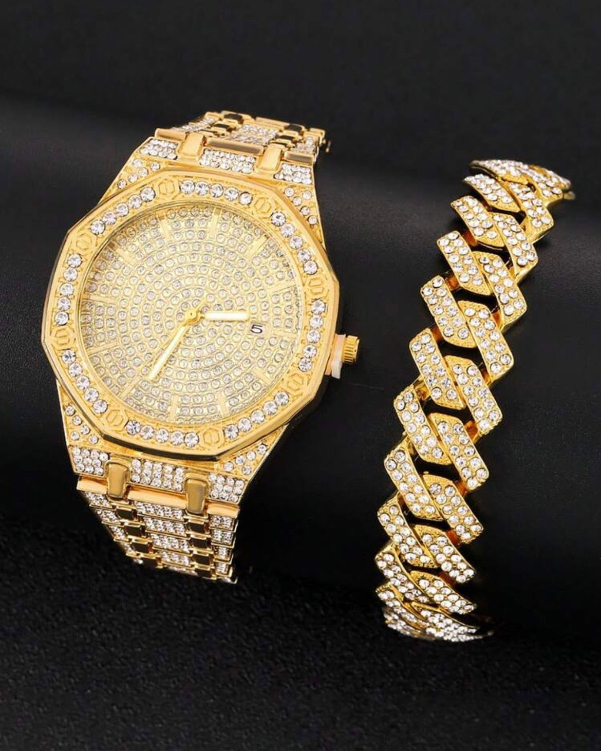 Set de Reloj Esfera Octogonal y Pulsera de Eslabones con Pavé de Circonitas – Brillo Inigualable