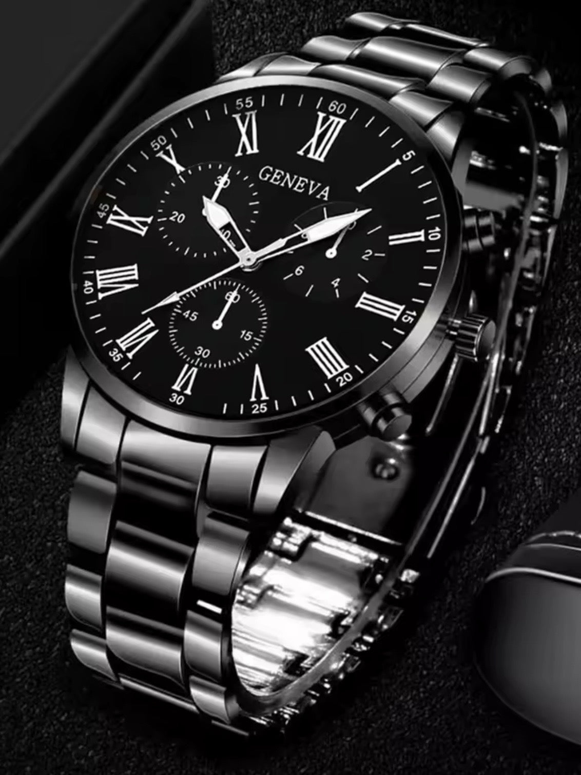 Reloj Geneva Cronógrafo de Lujo en Negro Intenso – Elegancia y Precisión en Acero Inoxidable