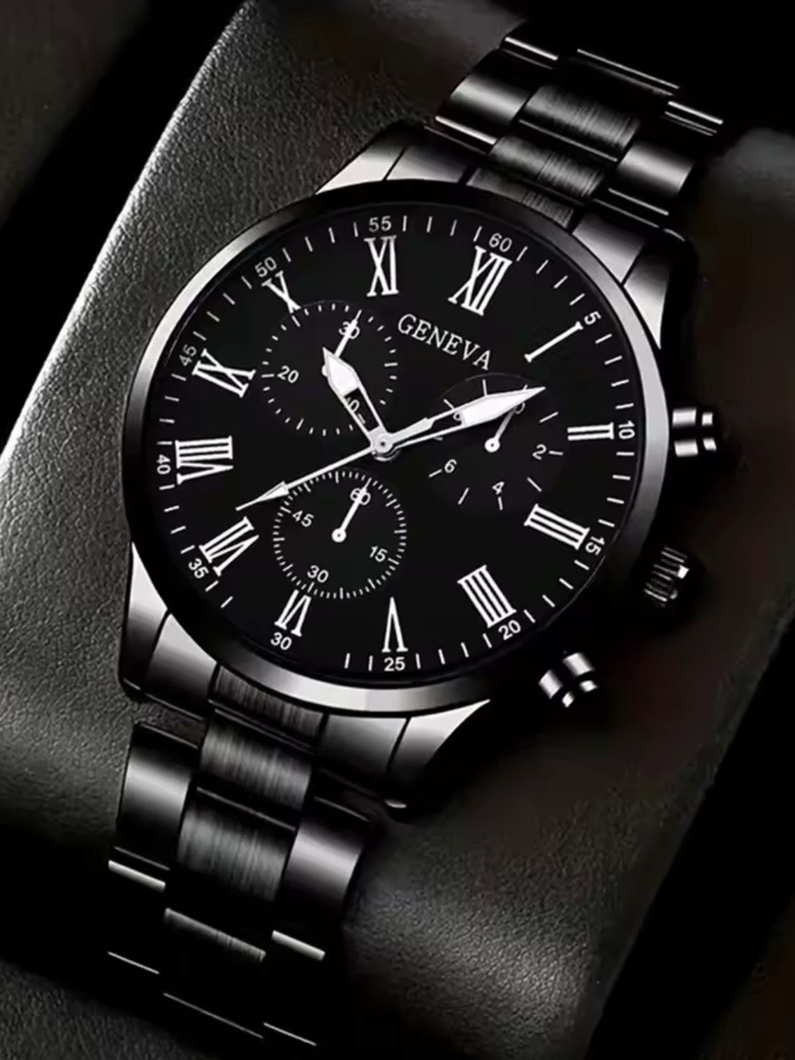 Reloj Geneva Cronógrafo de Lujo en Negro Intenso – Elegancia y Precisión en Acero Inoxidable