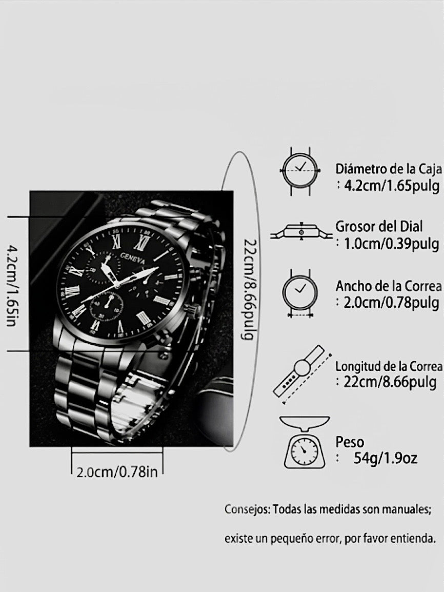 Reloj Geneva Cronógrafo de Lujo en Negro Intenso – Elegancia y Precisión en Acero Inoxidable
